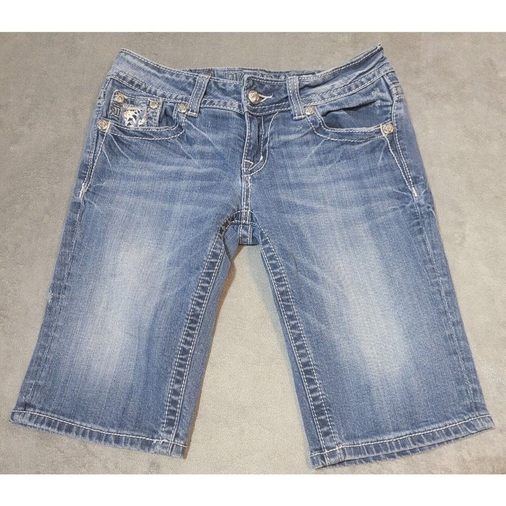 Miss Me Shorts Women's 28 Bermuda Mid Rise Flap Pocket Embellished Denim Shorts